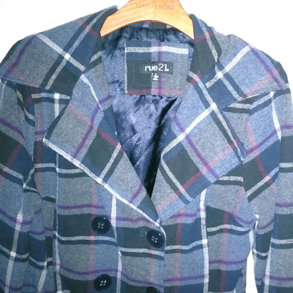 Rue21 L Purple Plaid Double Breasted Pea Coat Jacket
